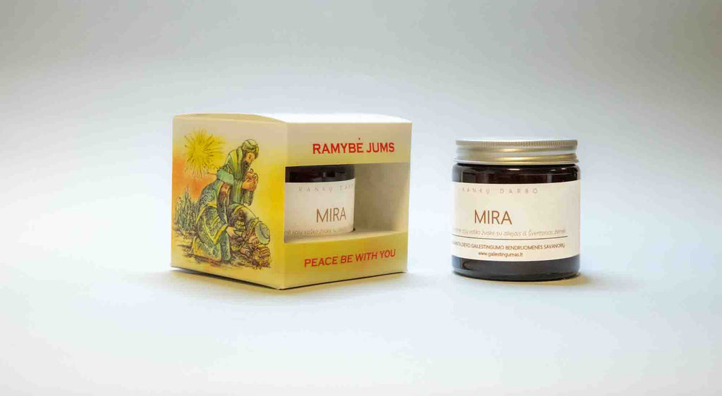 „Mira“ – aromatinė sojų vaško žvakė su aliejais iš Šventosios Žemės - Fons Misericordiae - Aromatinės žvakės